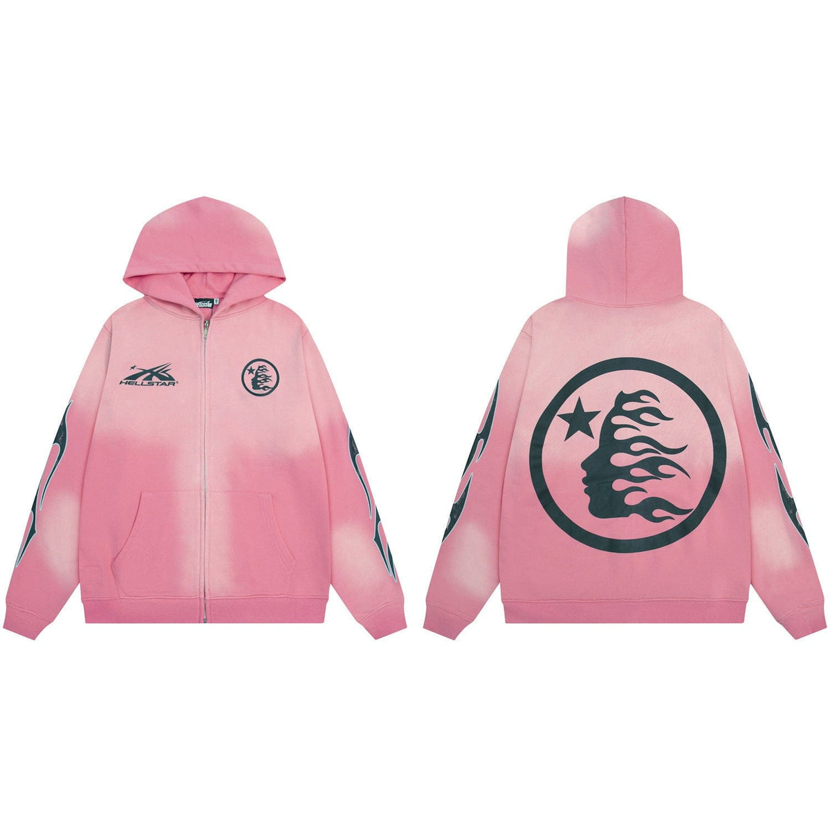 The Hellstar Pink Washed Zip Hoodie features a Flame Face Circle and Sleeve Fire Graphic, offering bold, vintage streetwear style with black designs on the front, sleeves, and back—a must-have for statement looks.
