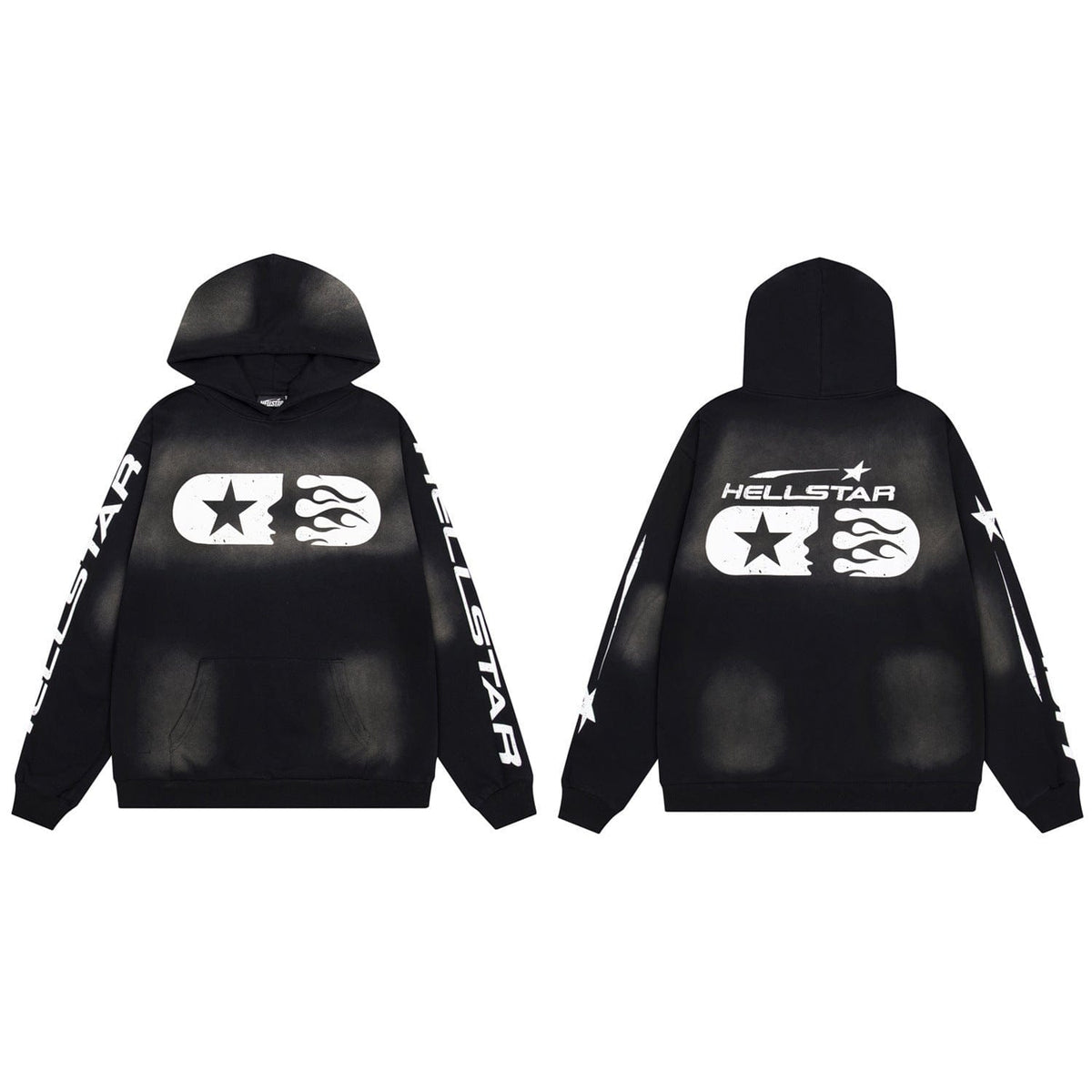 The Hellstar Washed Black Star & Flame Graphic Oversized Hoodie features bold flame and star prints on the front and back, with white "HELLSTAR" sleeve text—an essential statement piece for streetwear fans.