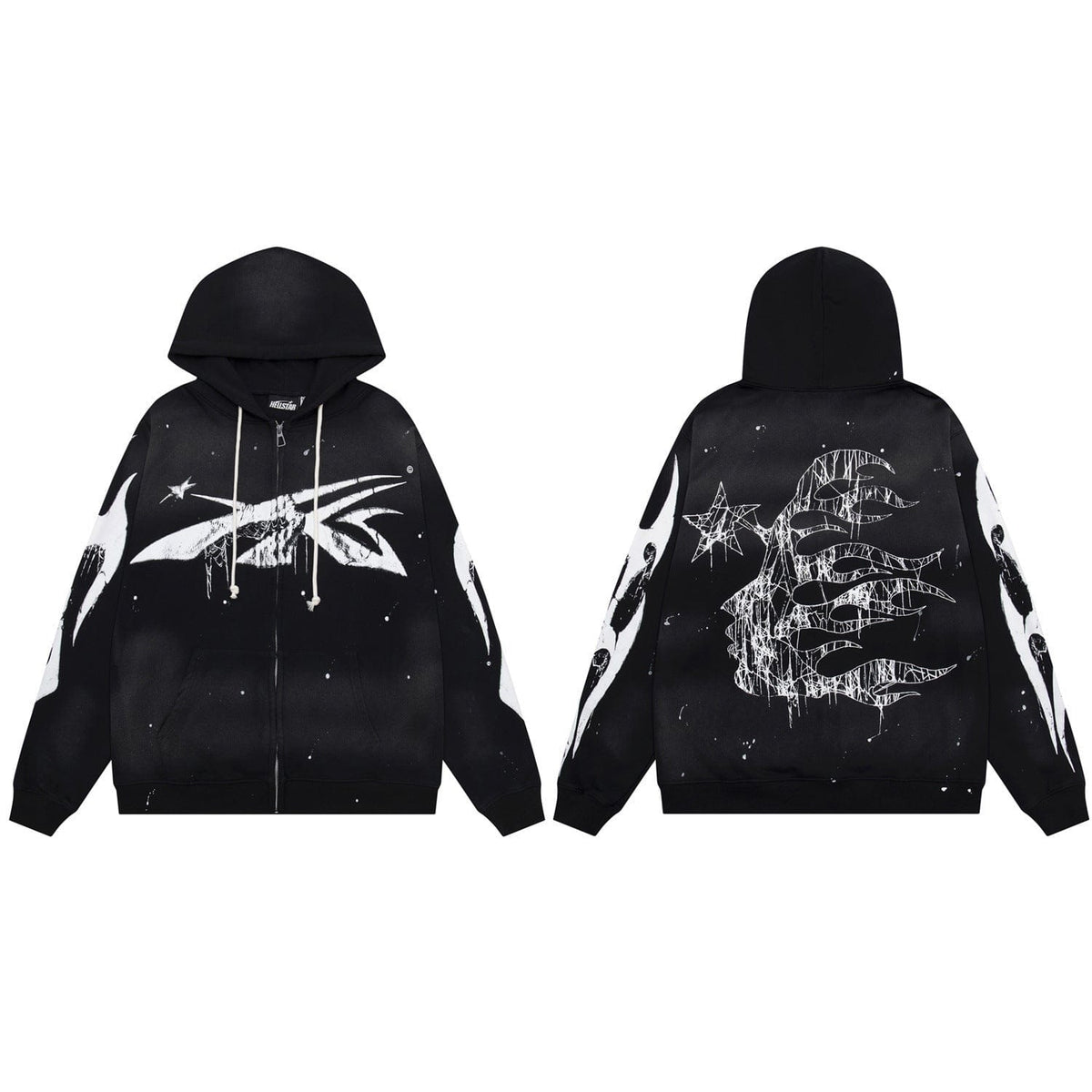 The Hellstar Black Zip-Up Hoodie showcases shooting star and cracked gothic graphics on the chest, back, and sleeves for a bold streetwear look.
