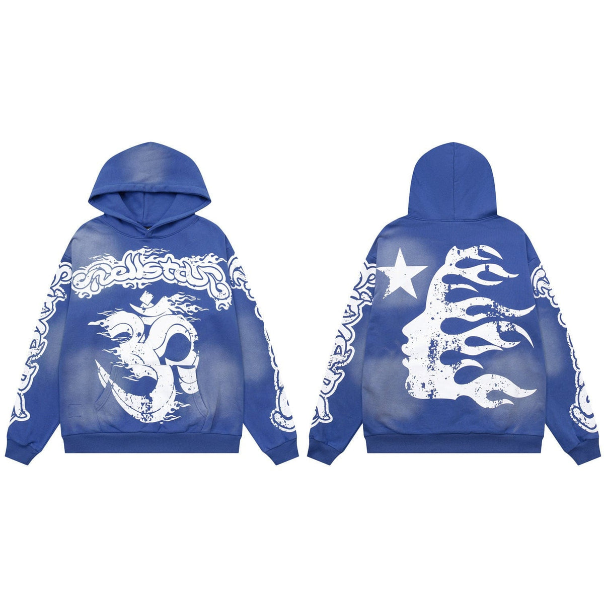 The Hellstar Washed Royal Blue Om Flame Star Graphic Hoodie in blue features bold white graphics: a face with goggles on the front and a flame-haired, star-accented face on the back. An eye-catching oversized hoodie inspired by Hellstar.