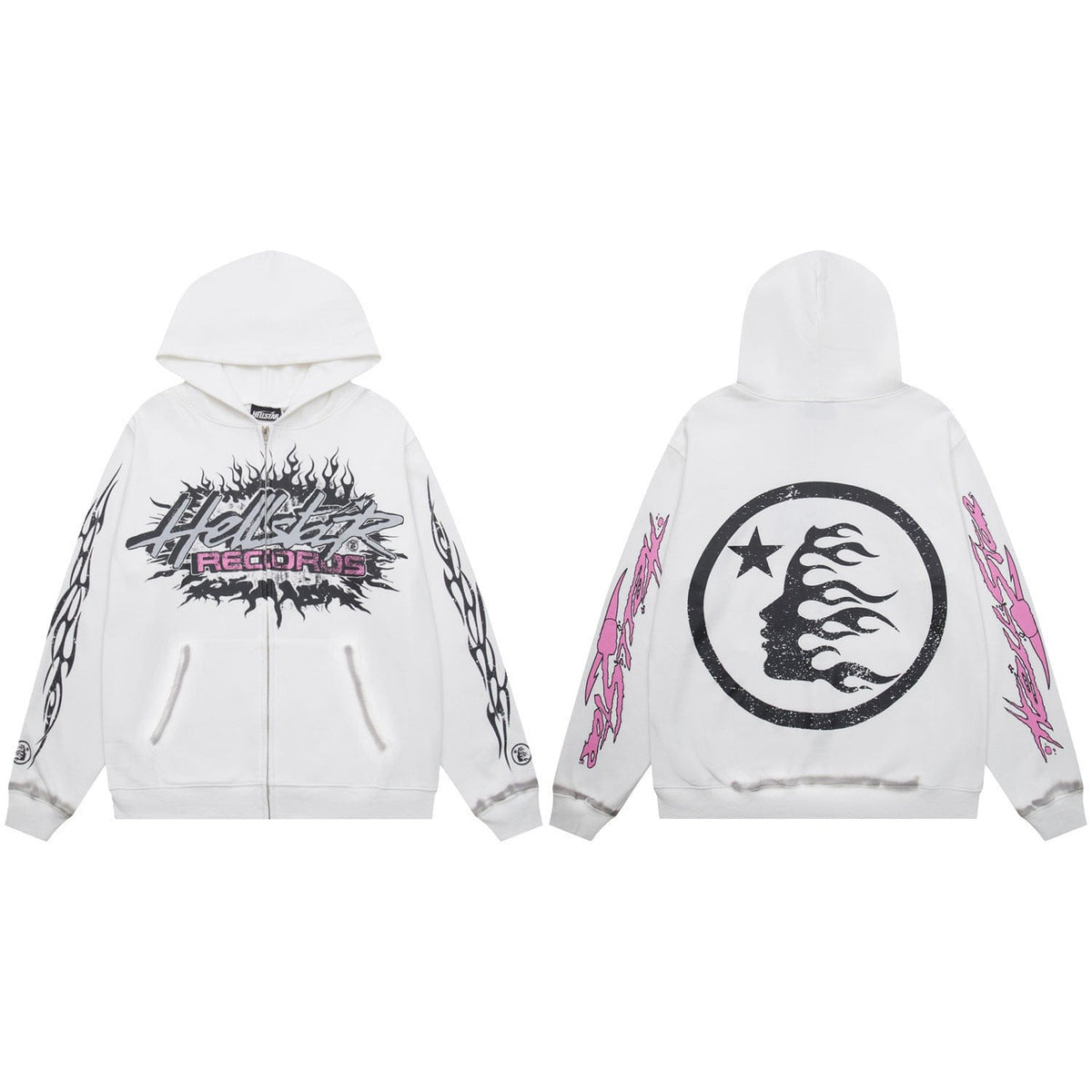 The Hellstar Sports Black Hoodie Coral Flame Circle Graphic in white features bold front text, flame designs on the sleeves, and a black flame circle graphic on the back—ideal for fans of streetwear hoodies with standout graphics.