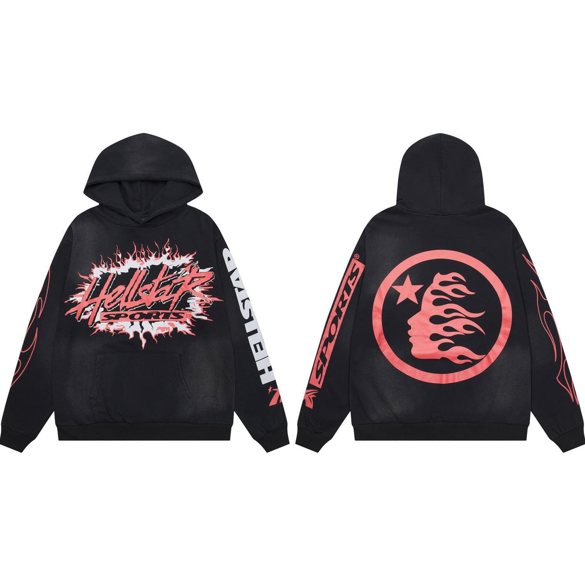 The Hellstar Sports Black Hoodie in black features coral flame circle graphics: "Hellstar Sports" in pink on the front, a flame face with a star on the back, and "SPORTS" down one sleeve—a bold streetwear statement.