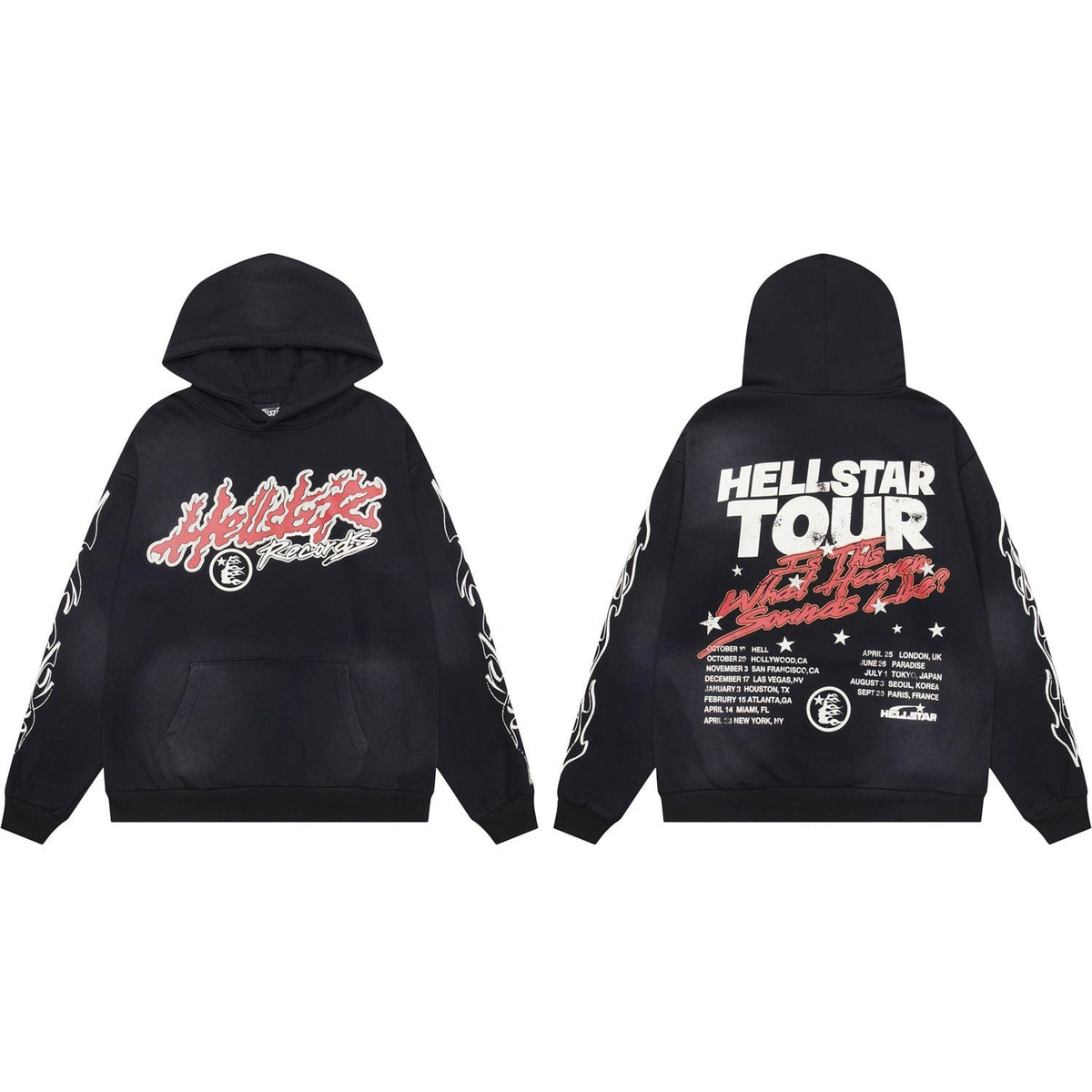 The Hellstar Records Tour Black Hoodie features bold red and white "HELLSTAR" lettering on the front, tribal graphics on the sleeves, and "HELLSTAR TOUR" with a city list in striking white and red on the back.