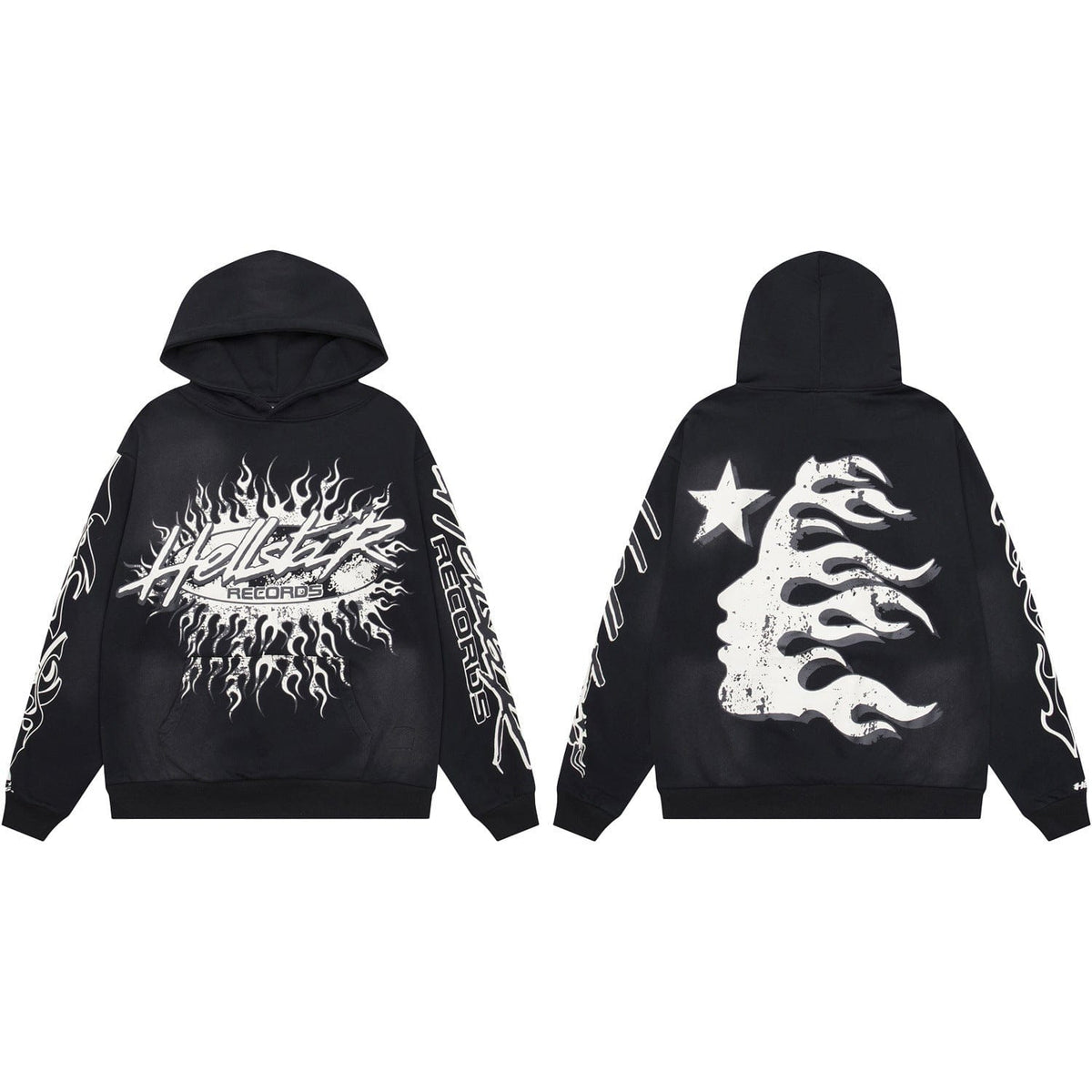 The Hellstar Records Red Flame Burst & Star Face Graphic Hoodie in black features bold white flame graphics on the sleeves and back, stylized front text, and a star face with flame hair for vintage streetwear appeal.