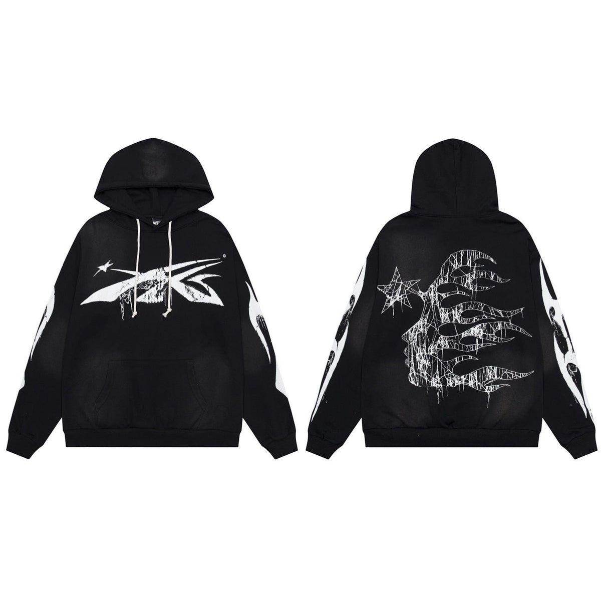 Hellstar Black Oversized Hoodie – Shooting Star & Scratch Flame Back Print shown front and back; features bold white abstract graphics, shooting star, and hand motifs for a streetwear gothic vibe.