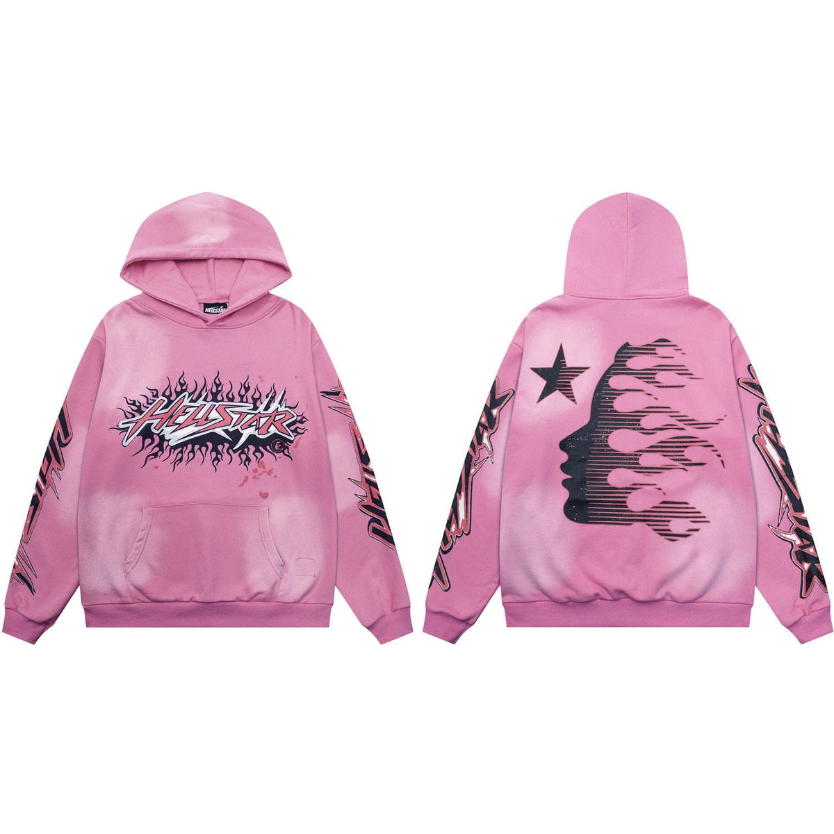 Front and back view of the Hellstar Pink Washed Flame Logo & Shadow Face Star Hoodie—features flame graphics, stylized text, and a star-streaked silhouette for standout streetwear style.