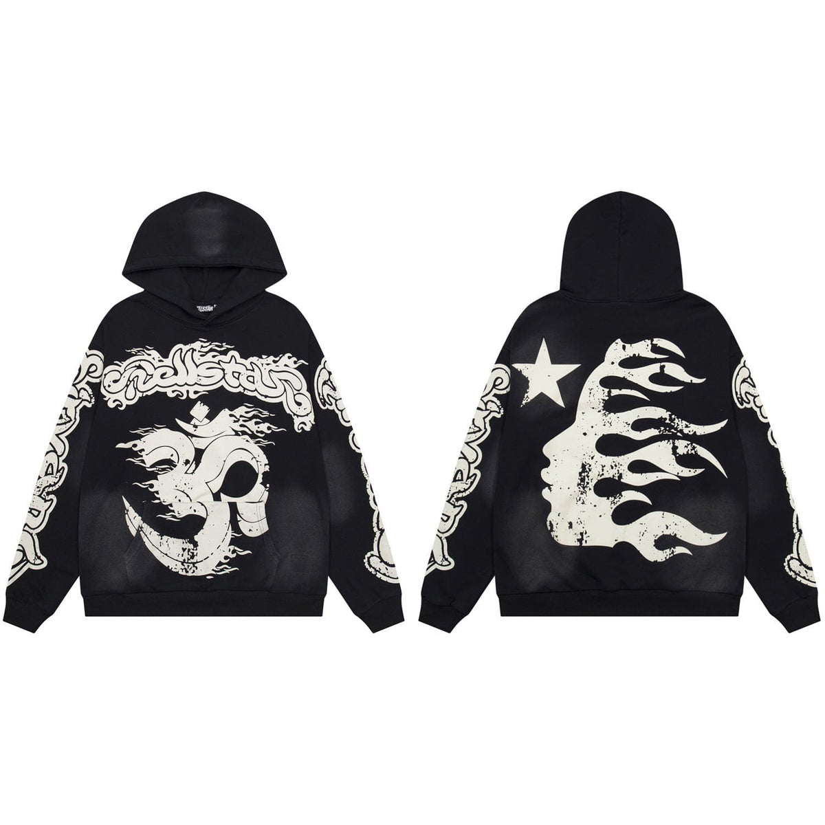 The black Hellstar Washed Royal Blue Om Flame Star Graphic Hoodie features bold abstract graphics: swirling shapes on the front, a profile face with flame-like hair and star on the back, and patterned sleeves for a vintage streetwear vibe.