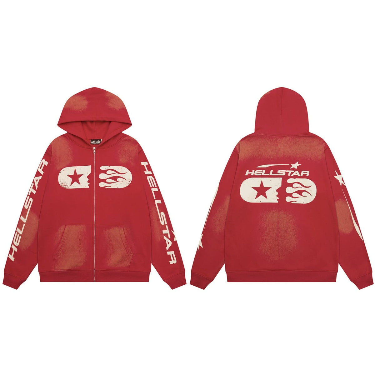 Hellstar Red Zip-Up Hoodie – Star & Flame Graphic features tan faded spots, “HELLSTAR” text on sleeves and back, and white star/flame graphics on front and back. Vintage red hoodie style. Shown from both front and back views.