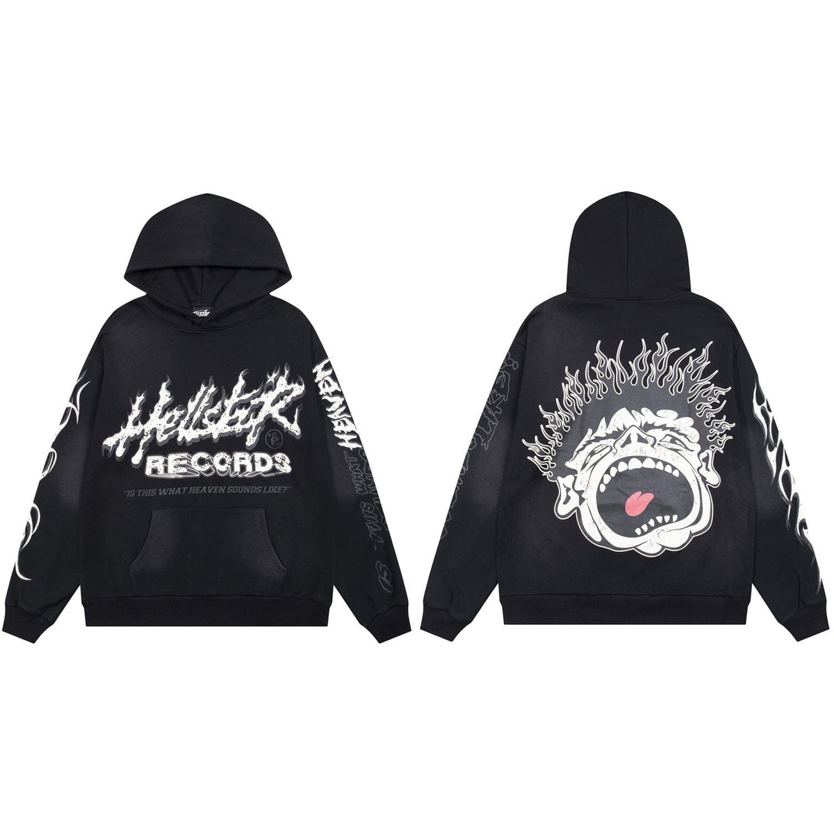 The Hellstar Records Red Screaming Demon Flame Graphic Hoodie in black features bold "Hellstar Records" text, flame graphics on sleeves, and a large red screaming demon with flames on the back—ideal for fans of striking horror punk style.