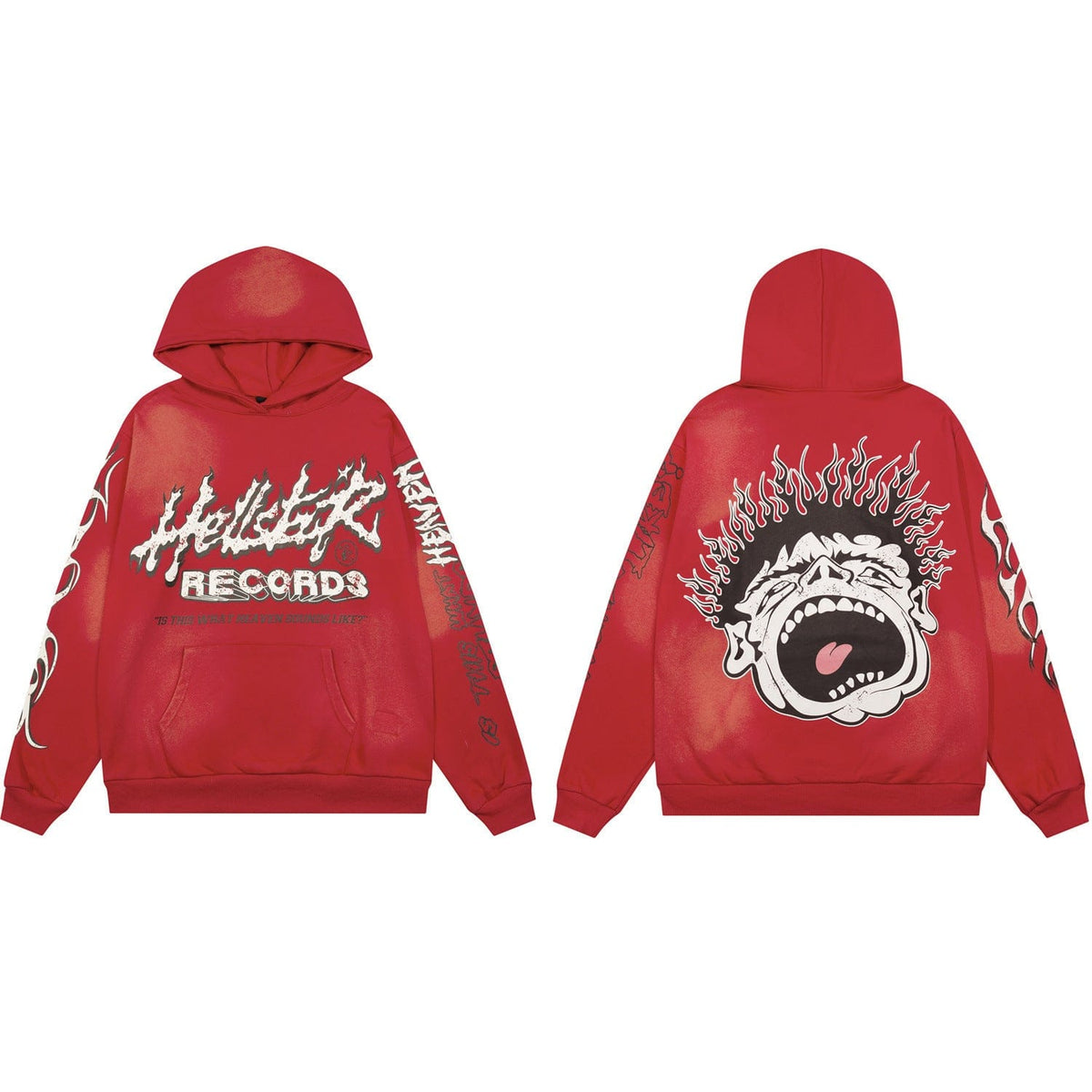 Hellstar Records Red Screaming Demon Flame Graphic Hoodie in vintage-washed red, featuring "HELLSTAR RECORDS" and flames on the front and sleeves, plus a large spiky-haired screaming demon graphic on the back.