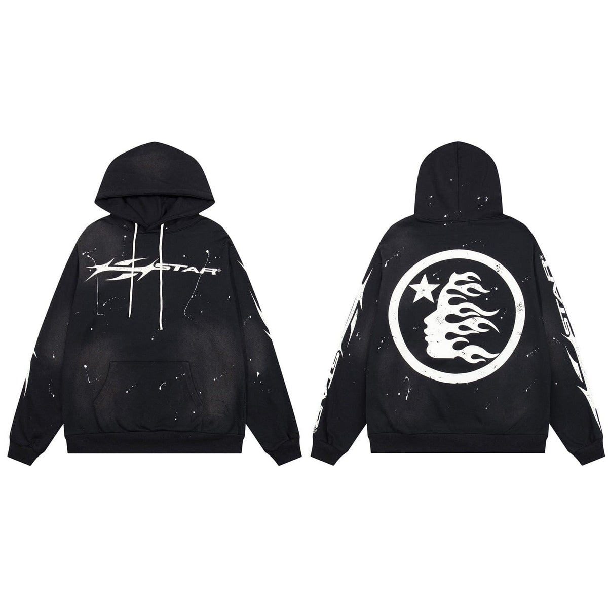 The Hellstar Red Flame Circle Star Graphic Oversized Hoodie in black features white abstract graphics on the front, sleeves, and back, a hood, front logo, and a large circular graphic with stars and flames on the back for signature style.