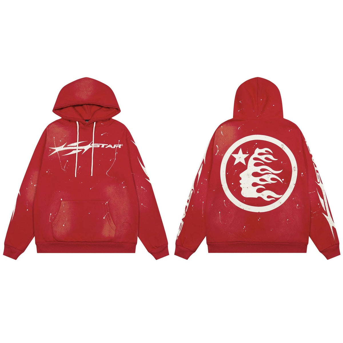 The Hellstar Red Flame Circle Star Graphic Oversized Hoodie features white graphics on the front, back, and sleeves, plus star and flame motifs on the back—an eye-catching red streetwear piece perfect for bold style statements.