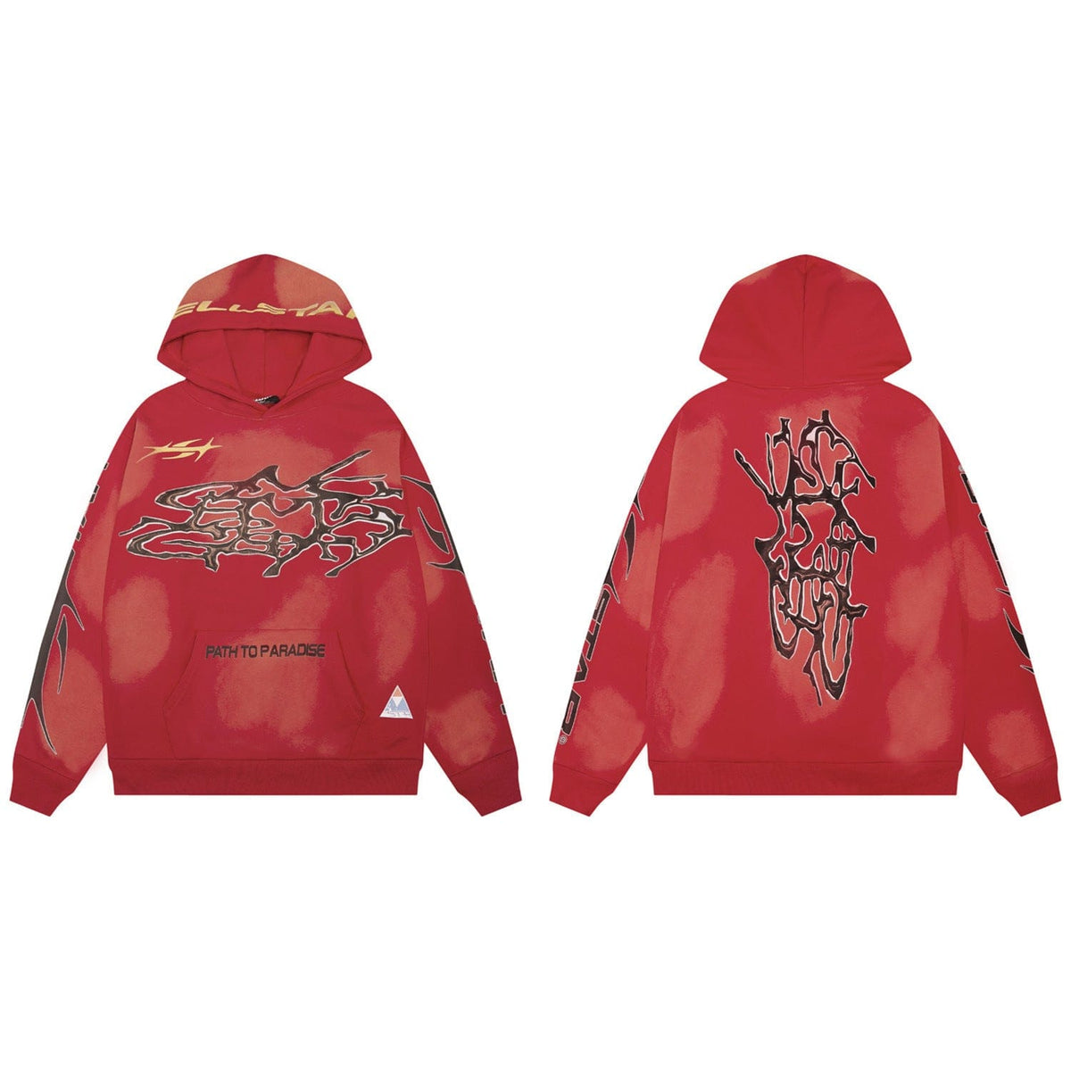 Front and back views of the Hellstar Red Bleached 'Path To Paradise' Gothic Script Hoodie, featuring abstract black and gold graphics, yellow text on the hood, and bold "PATH TO PARADISE" lettering on the front—gothic streetwear redefined.