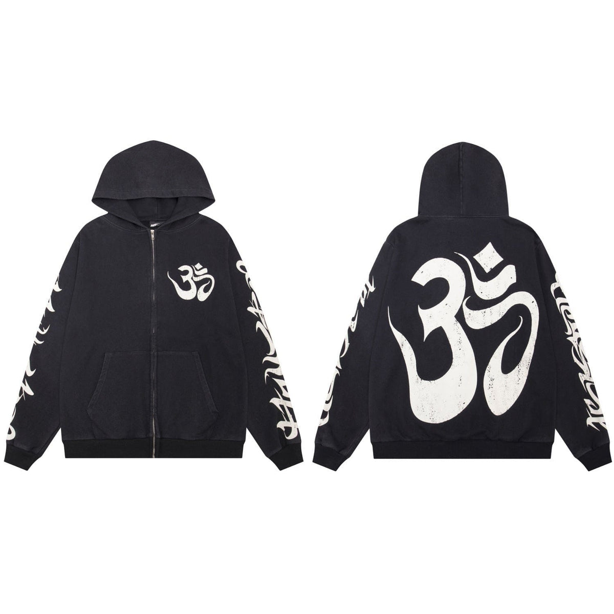 The Hellstar Washed Black Om Symbol Tribal Zip-Up Hoodie features large white Om Sanskrit symbols on the front and back with white script running down both sleeves.