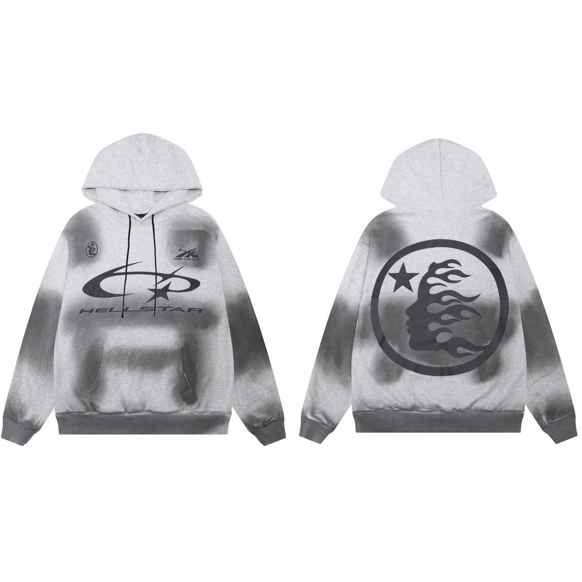 Front and back view of the Hellstar Grey Acid-Wash Flame Face Circle Logo Hoodie, featuring black abstract graphics, a flaming face circle logo, and bold text—a standout addition to any streetwear collection.
