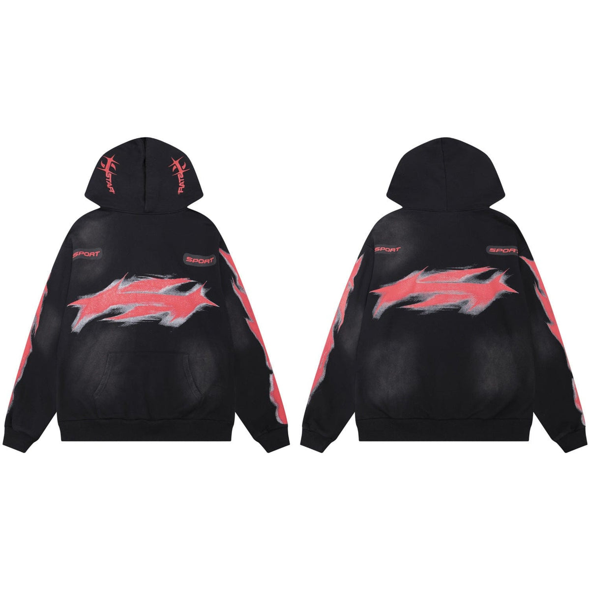 The Hellstar Washed Black Red Flaming Star Sport Hoodie features red and white abstract designs with bold flaming star graphics on the front, back, sleeves, and hood; shown in both front and back views.