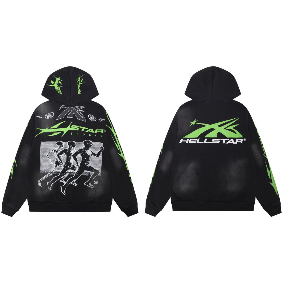 Front and back view of the Hellstar Sports Lime Green Running Figures Washed Black Hoodie, featuring neon green tribal flames, "Hellstar" logos, cosmic runner graphics, and abstract designs printed on black fabric.