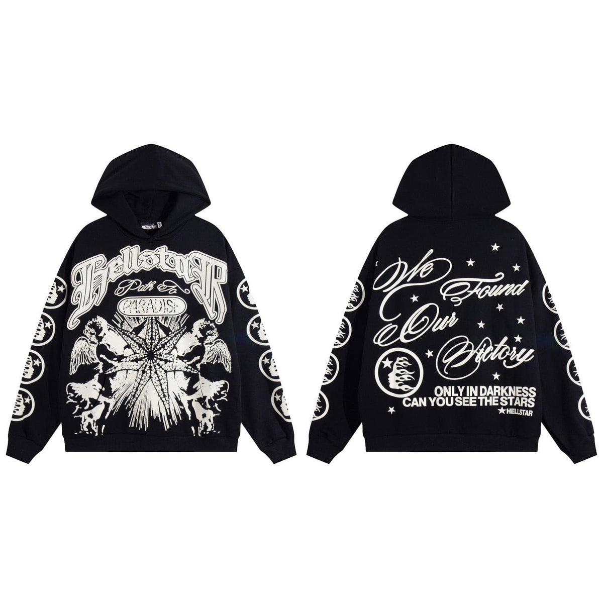 The Hellstar Path To Paradise Angel Star Graphic Black Hoodie features bold white front graphics and detailed illustrations, with a large script, star-themed designs, and subtle paradise-inspired accents on the back for signature Hellstar style.