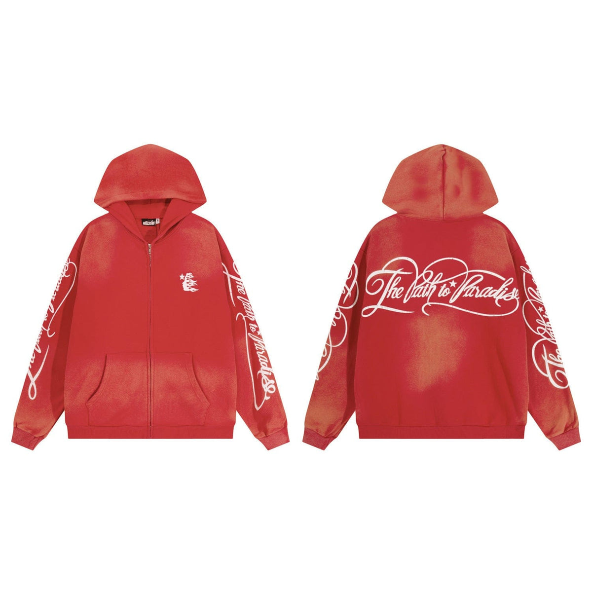 Front and back views of the Hellstar 'The Path to Paradise' Washed Red Script Zip Hoodie, a streetwear zip-up with white cursive graphics on the chest, sleeves, and back, plus faded patches across the fabric.