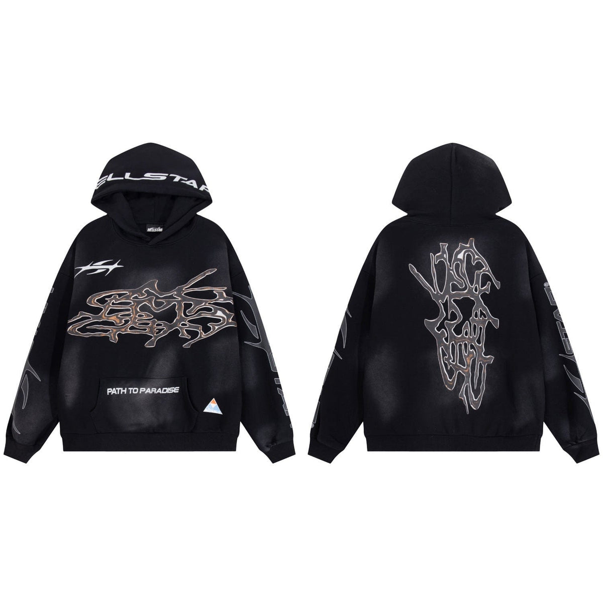 The Hellstar Washed Black 'Path To Paradise' Biomechanical Graffiti Hoodie showcases oversized style with abstract graphics, white text, and symbols on the chest, sleeves, and hood—perfect for a bold statement front and back.