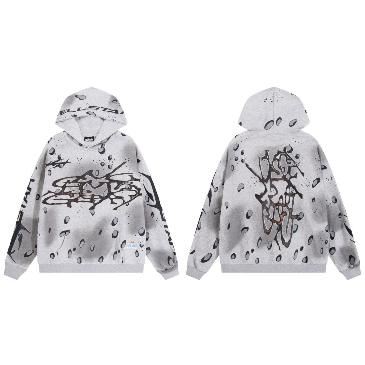Front and back view of the Hellstar Grey Melted Skull Bone Graphic Splatter Oversized Hoodie, featuring abstract graffiti-style designs, skull bone graphics, and splatter details in a trendy oversized fit.
