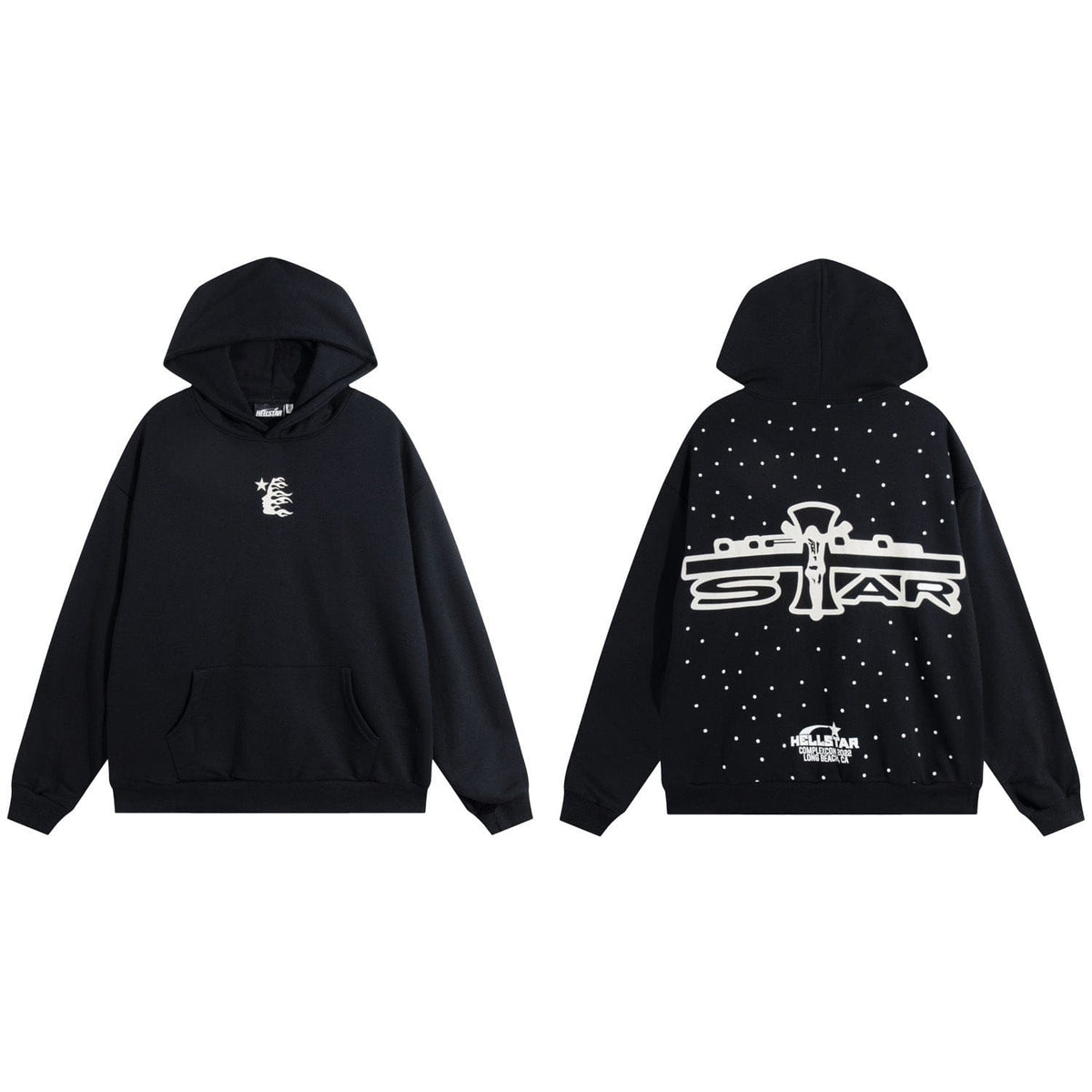 Front and back views of the Hellstar Black ComplexCon 2022 Spacecraft Star Galaxy Hoodie: small white front graphic, large “STAR” logo with spaceship and dot pattern on back. Exclusive streetwear piece for collectors and style fans.