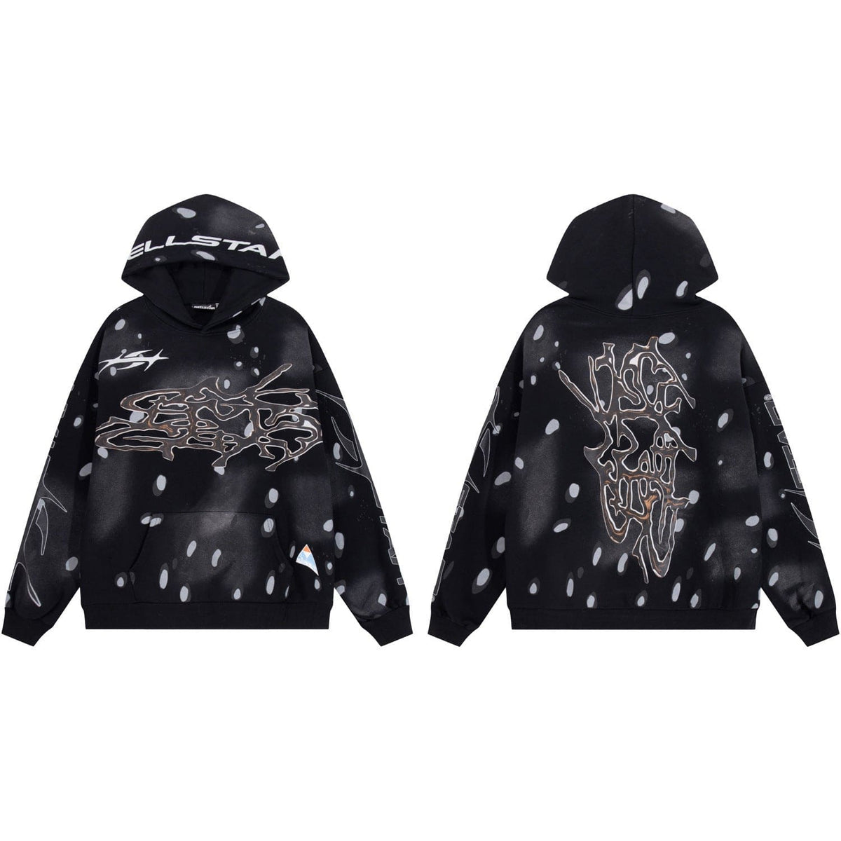 The Hellstar Black Dot Splatter Liquid Metal Graffiti Oversized Hoodie features abstract white and gray graphics with scattered dot patterns on both sides—a bold streetwear choice for graffiti lovers.