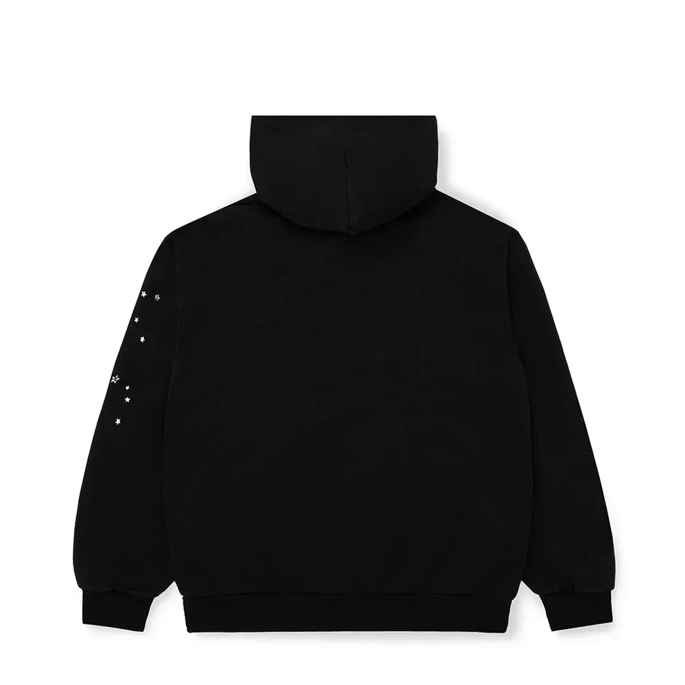The Sp5der “I Love Sp5der” Hoodie – Black Web is a 440GSM heavyweight streetwear pullover, shown from the back with small white dot details on the left sleeve—a perfect mix of Y2K flair and modern style.