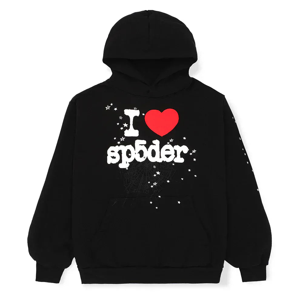 The Sp5der “I Love Sp5der” Hoodie – Black Web 440GSM Heavyweight Streetwear Pullover features "I ♥ sp5der" in white and red, plus star and web details—a standout Y2K-inspired piece.