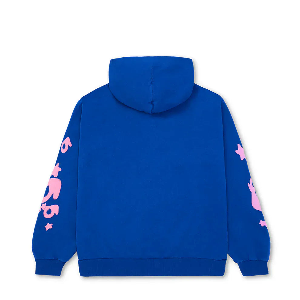 The Sp5der “555 Stars” Hoodie in royal blue and pink is a 440GSM heavyweight oversized streetwear pullover, featuring bold sleeve graphics for a standout Y2K-inspired look.