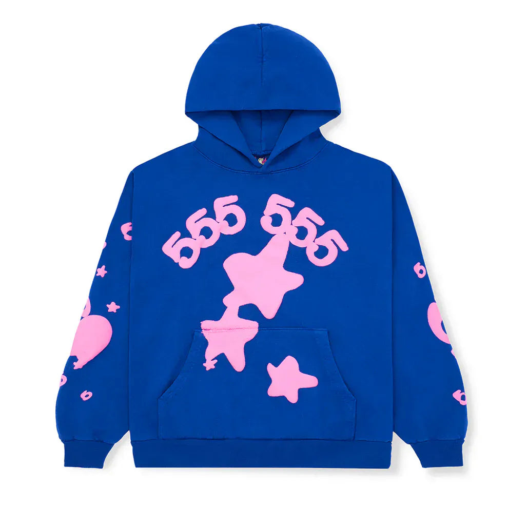The Sp5der “555 Stars” Hoodie in Royal Blue/Pink is a 440GSM heavyweight, oversized streetwear pullover featuring pink stars, hearts, and 555 graphics on the front pocket and sleeves—ideal for Y2K vibes.