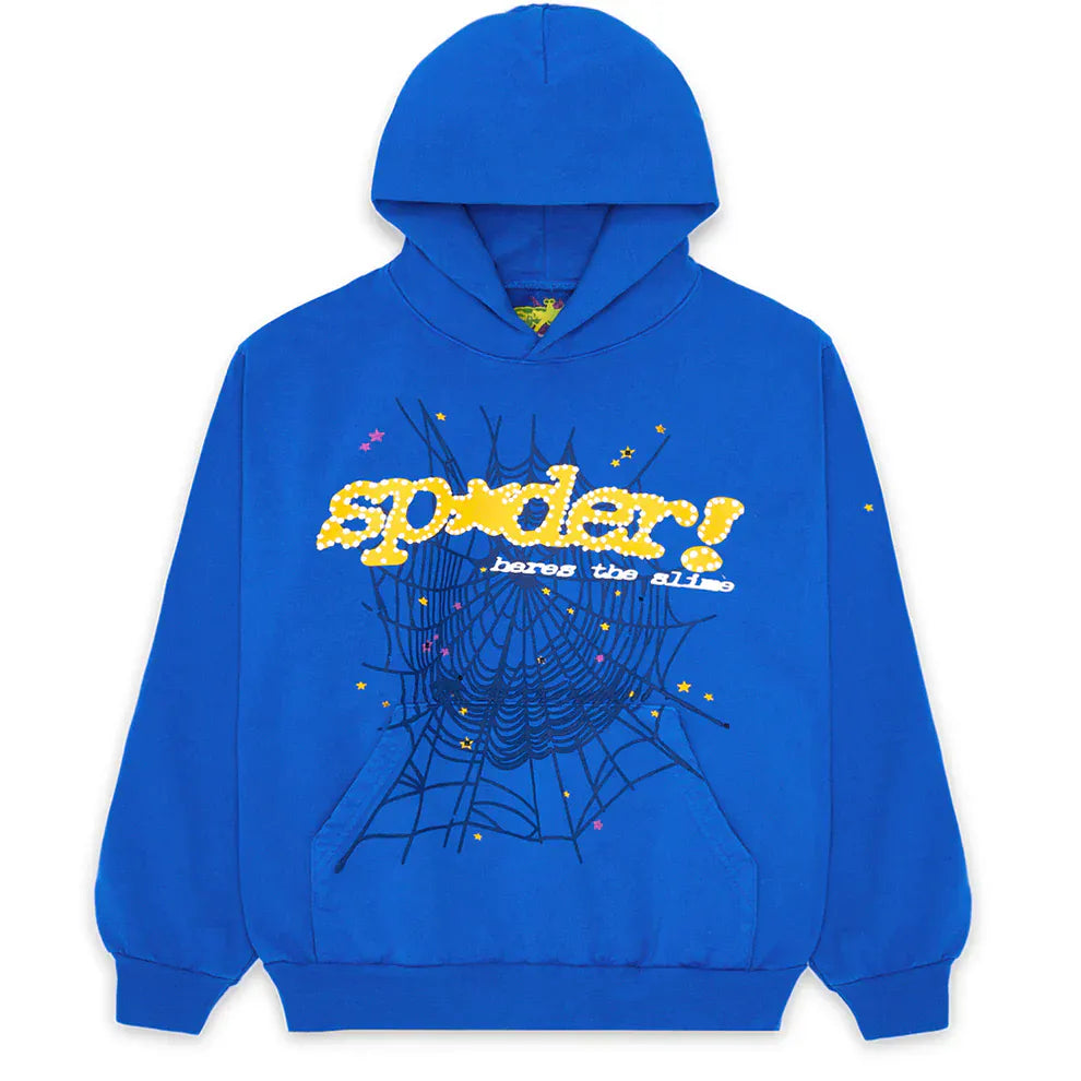 The Sp5der “Hares the Slime” Hoodie (440GSM) in royal blue features a fuzzy logo spider-web graphic, making it a standout streetwear piece crafted from heavyweight cotton fleece.