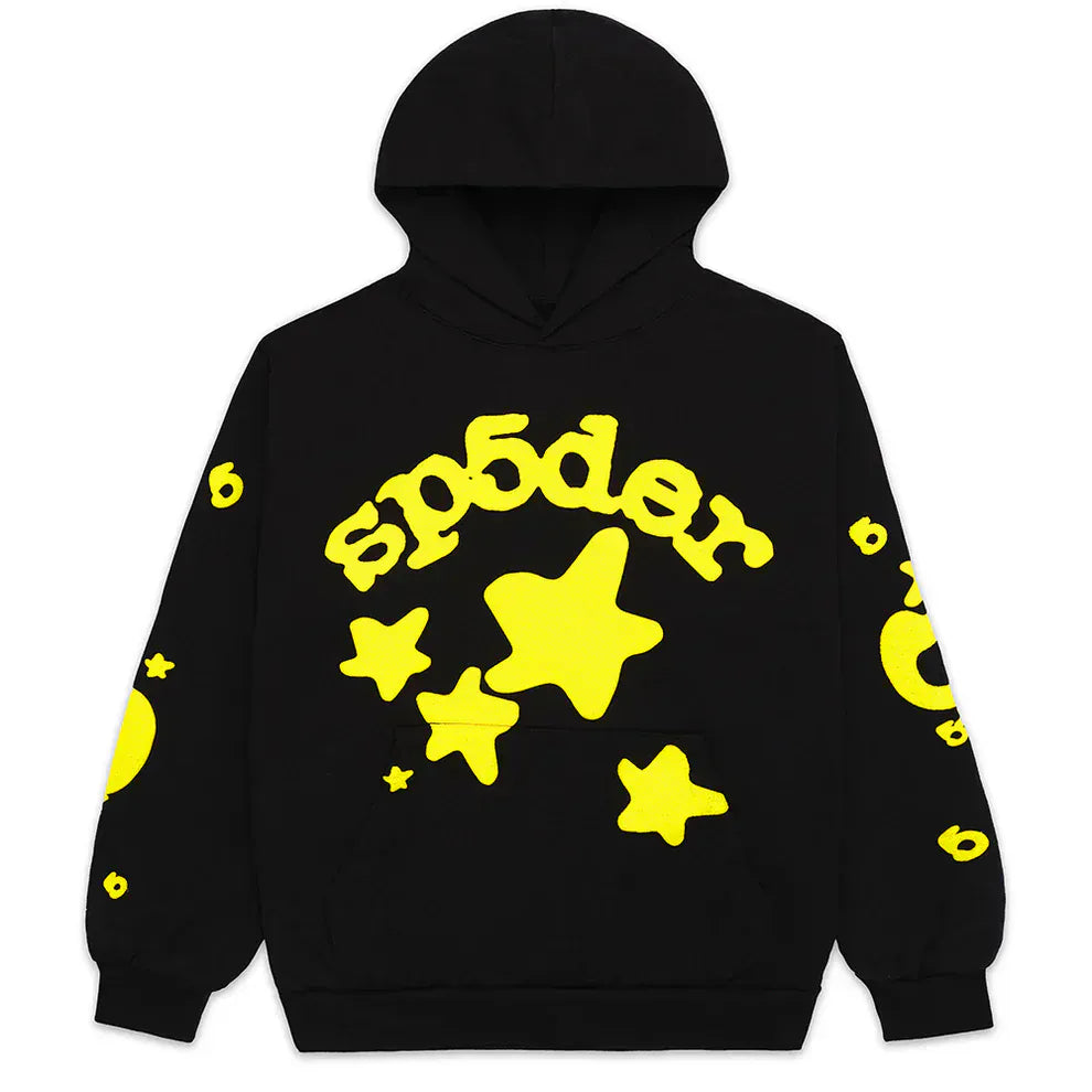 The Black and Yellow Spider Hoodie with Star Lettering Print is a comfort fit pullover featuring bold star graphics and yellow text—an eye-catching streetwear essential for everyday wear.