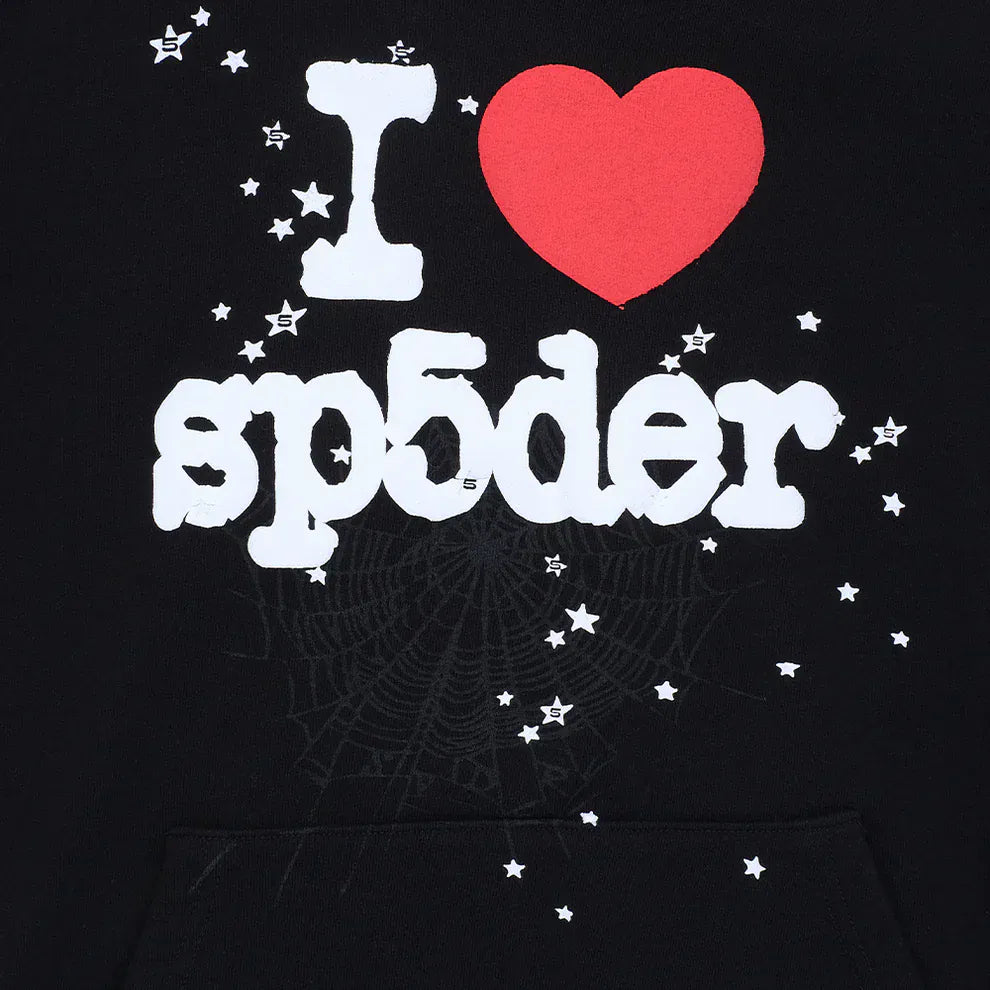 The Sp5der “I Love Sp5der” Hoodie – Black Web 440GSM is a heavyweight streetwear pullover featuring "I ♥ sp5der" text, a red heart, white stars, and a faint spider web graphic for bold Y2K-inspired style.