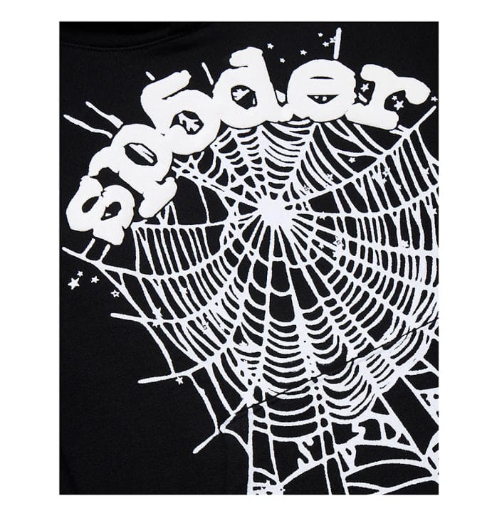 The Sp5der “Webcore Noir” Hoodie features white text and a spider web graphic on black, with "Spyder" above the web. This 440GSM heavyweight oversized pullover captures bold streetwear style.
