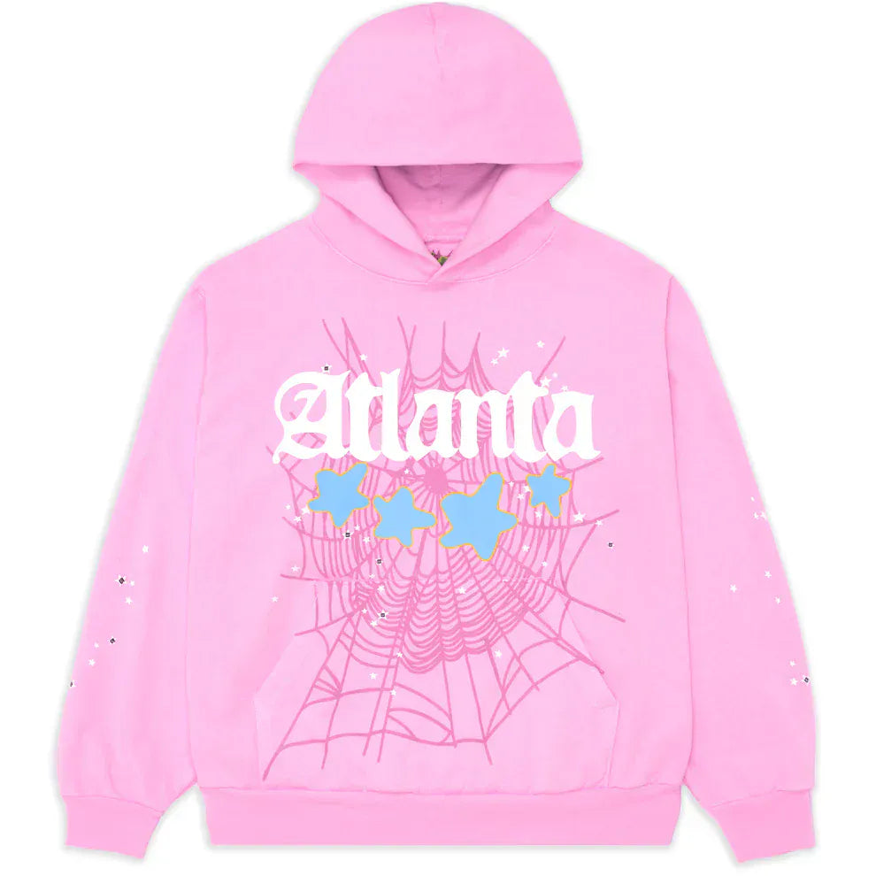 The Sp5der Atlanta Hoodie – Pink 440GSM Heavyweight Y2K Streetwear Pullover features a spiderweb graphic, white “Atlanta” gothic text, blue stars, and white dots on the front and sleeves—perfect for Y2K street style.