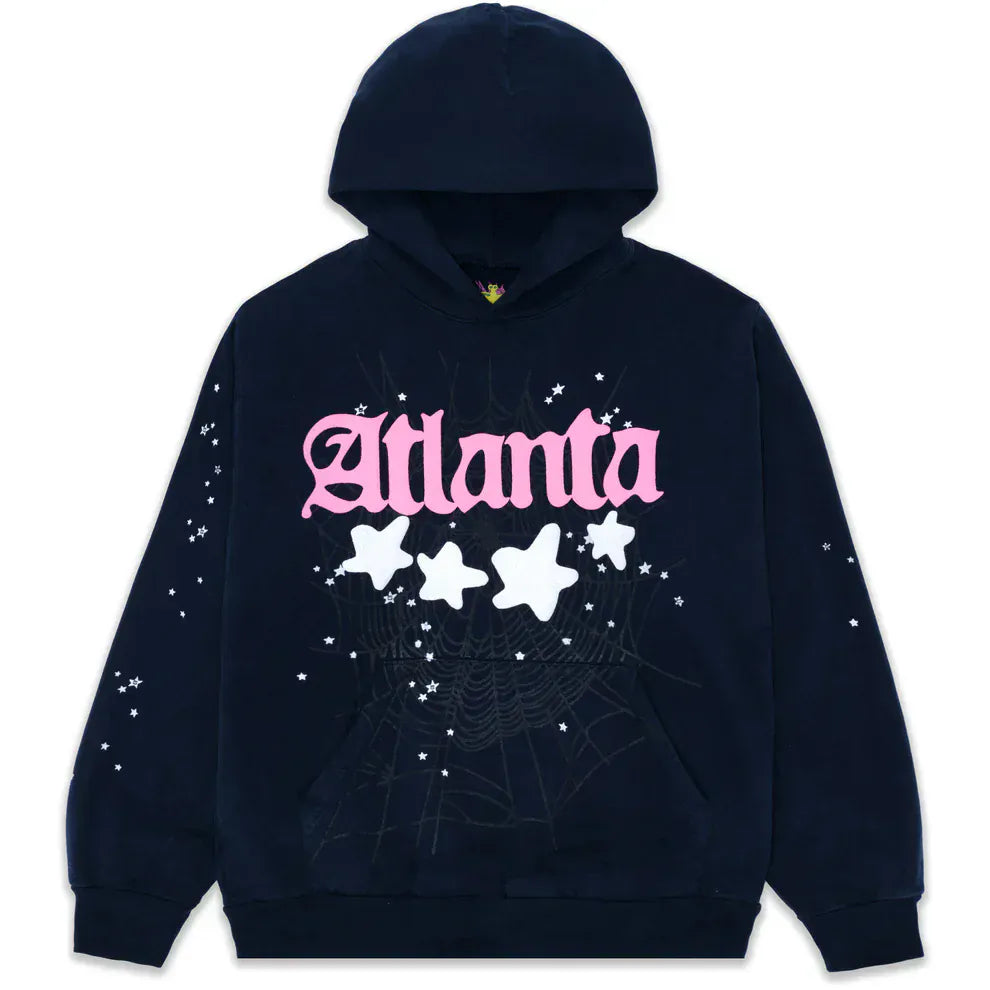 A heavyweight 440GSM navy blue Sp5der "Atlanta Nights" Web Hoodie, featuring oversized streetwear style and bold front graphics, inspired by Atlanta nightlife.