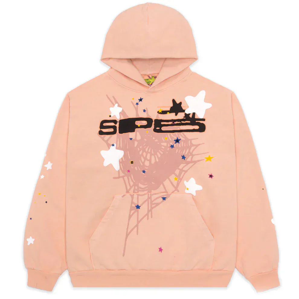 The Sp5der Star Web Hoodie – Peach Pink 440GSM is a heavyweight, oversized streetwear pullover featuring black and white graphics, star prints, a bold spider web on the front, and extra stars on the left sleeve for signature Y2K style.
