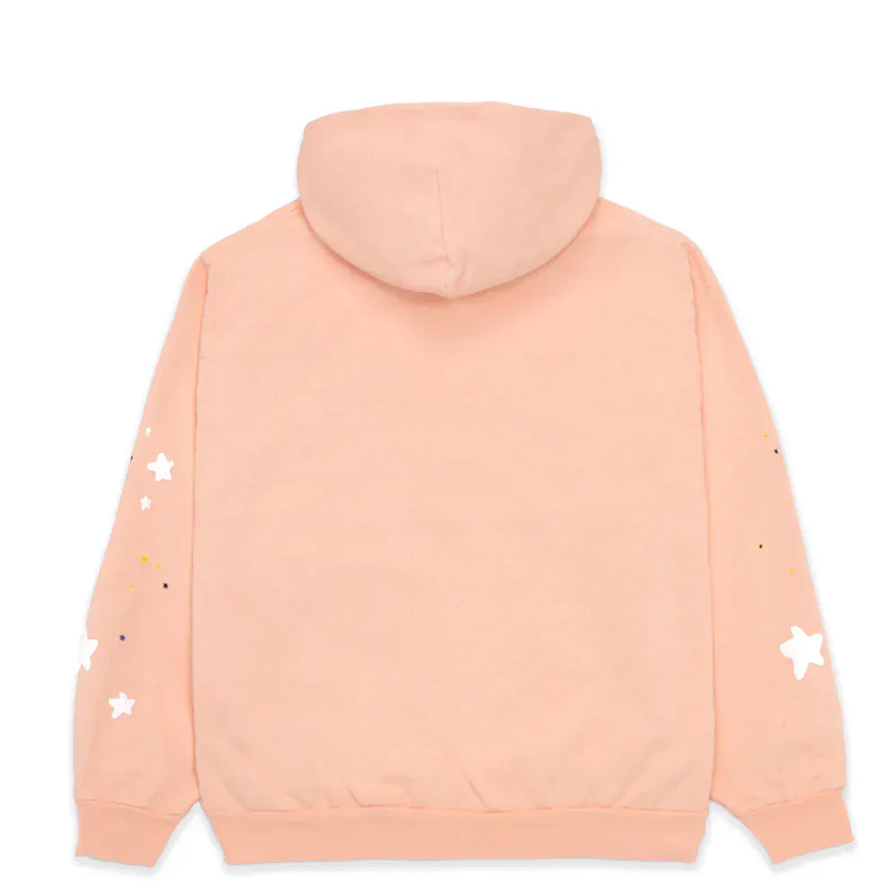 The Sp5der Star Web Hoodie – Peach Pink 440GSM Heavyweight Oversized Streetwear Pullover is shown from the back with a hood and white star sleeve designs, perfect for Y2K-inspired street style.