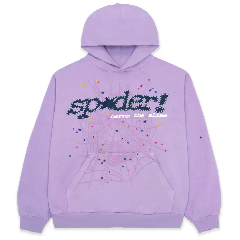 The Sp5der “Hares the Slime” Hoodie in lavender purple is a 440GSM heavyweight fleece pullover with a hood, featuring spider-web graphics and multicolored stars—a bold streetwear statement.
