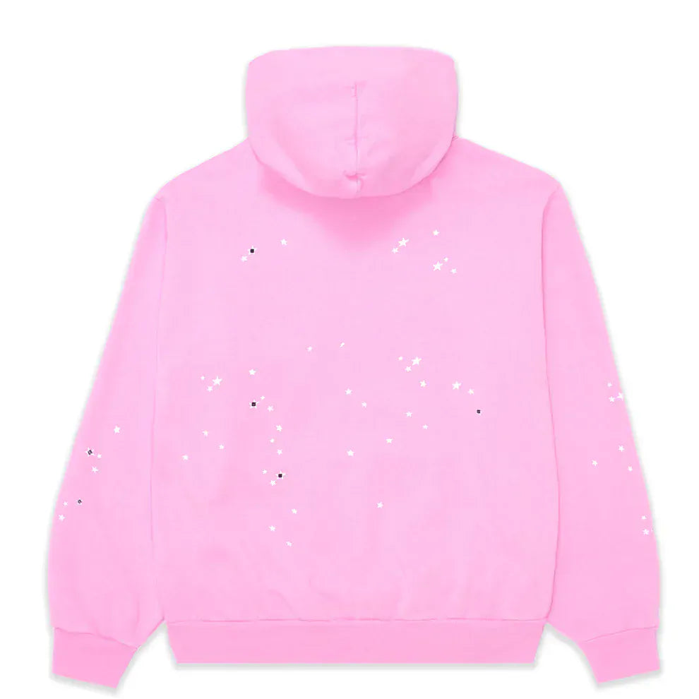 The Sp5der Atlanta Hoodie – Pink 440GSM Heavyweight Y2K Streetwear Pullover is shown from the back, with white and black star-like dots scattered across the fabric—ideal for a trendy Y2K streetwear look.