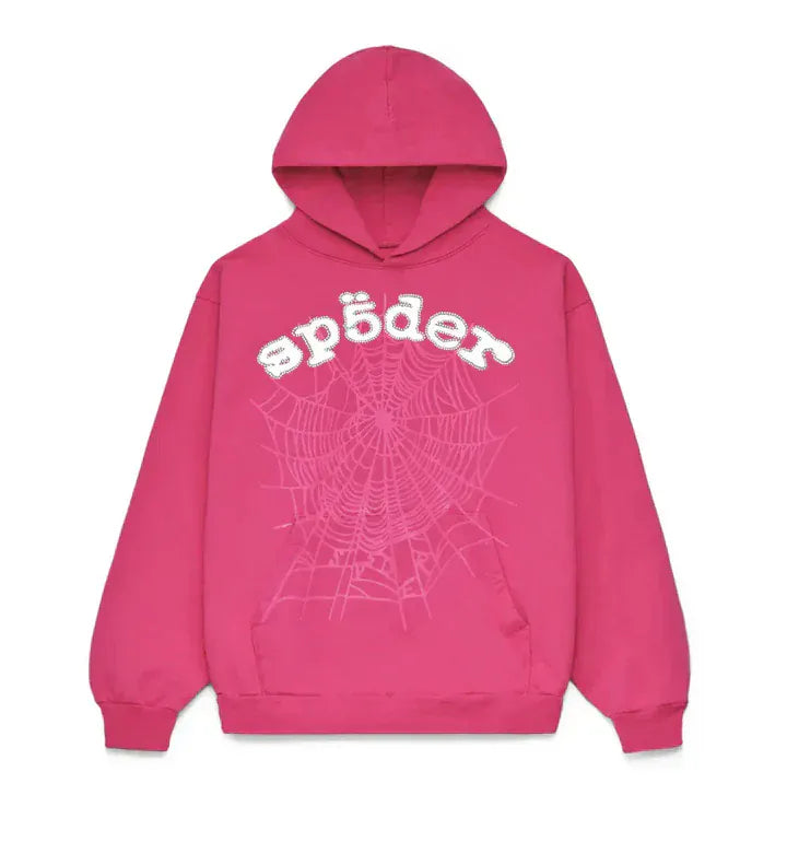 The Sp5der Web Hoodie – Hot Pink 440GSM Heavyweight Streetwear Pullover features bold white "spöder" text and a front spider web graphic, making it perfect for streetwear enthusiasts.