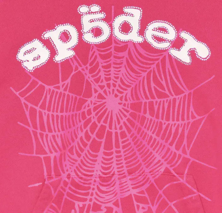 The Sp5der Web Hoodie – Hot Pink 440GSM Heavyweight Streetwear Pullover features "spider" in bold white letters above a large pink spiderweb graphic, making it an essential piece for any streetwear collection.