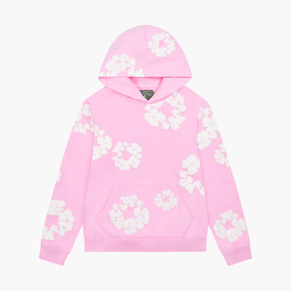 The Pink “Cotton Wreath” Denim Tears Hoodie features a cozy streetwear design with a front pocket and white floral print, perfect for standout style.