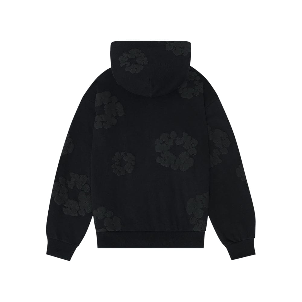 Black Monochrome “Cotton Wreath” Denim Tears Hoodie – a minimal streetwear sweatshirt featuring subtle dark floral or clover patterns on the back and hood, displayed against a white background.