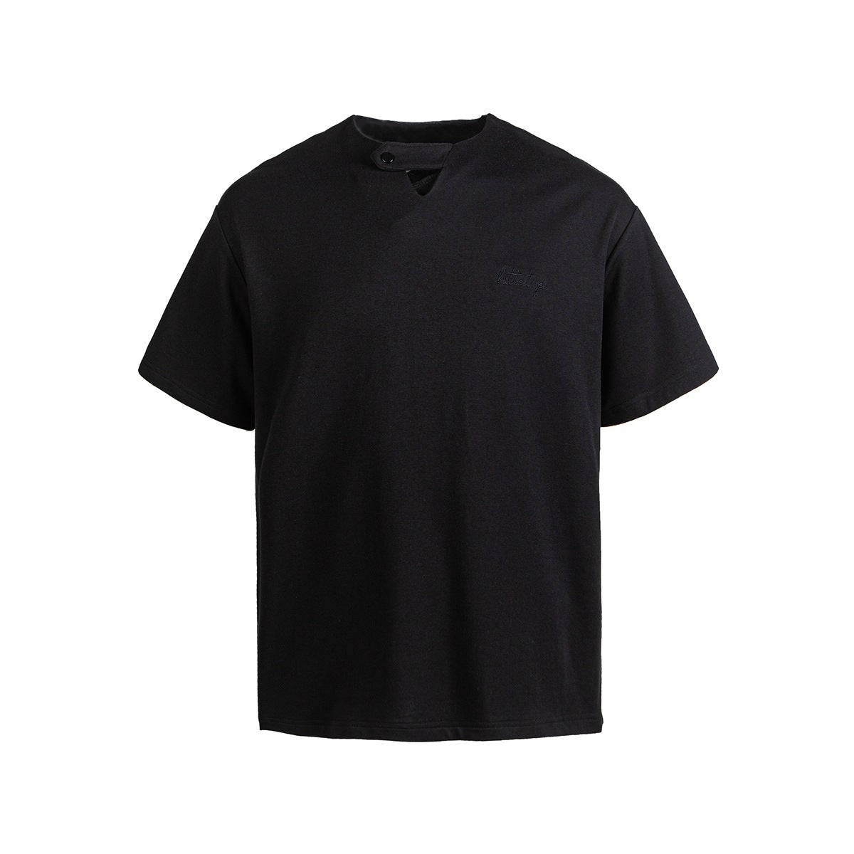Black short-sleeve T-shirt front with snap-tab neckline, V-notch and tonal embroidered chest script