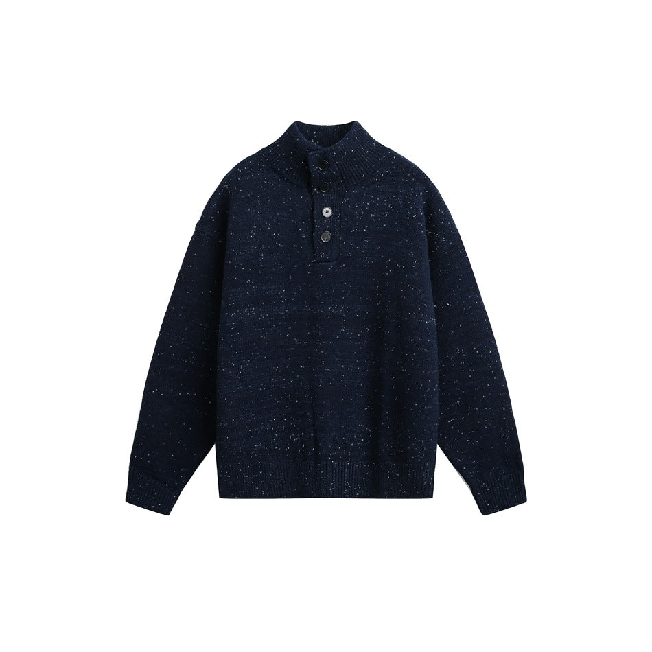 Navy blue speckled knit pullover sweater with stand collar and four-button placket, flat front view