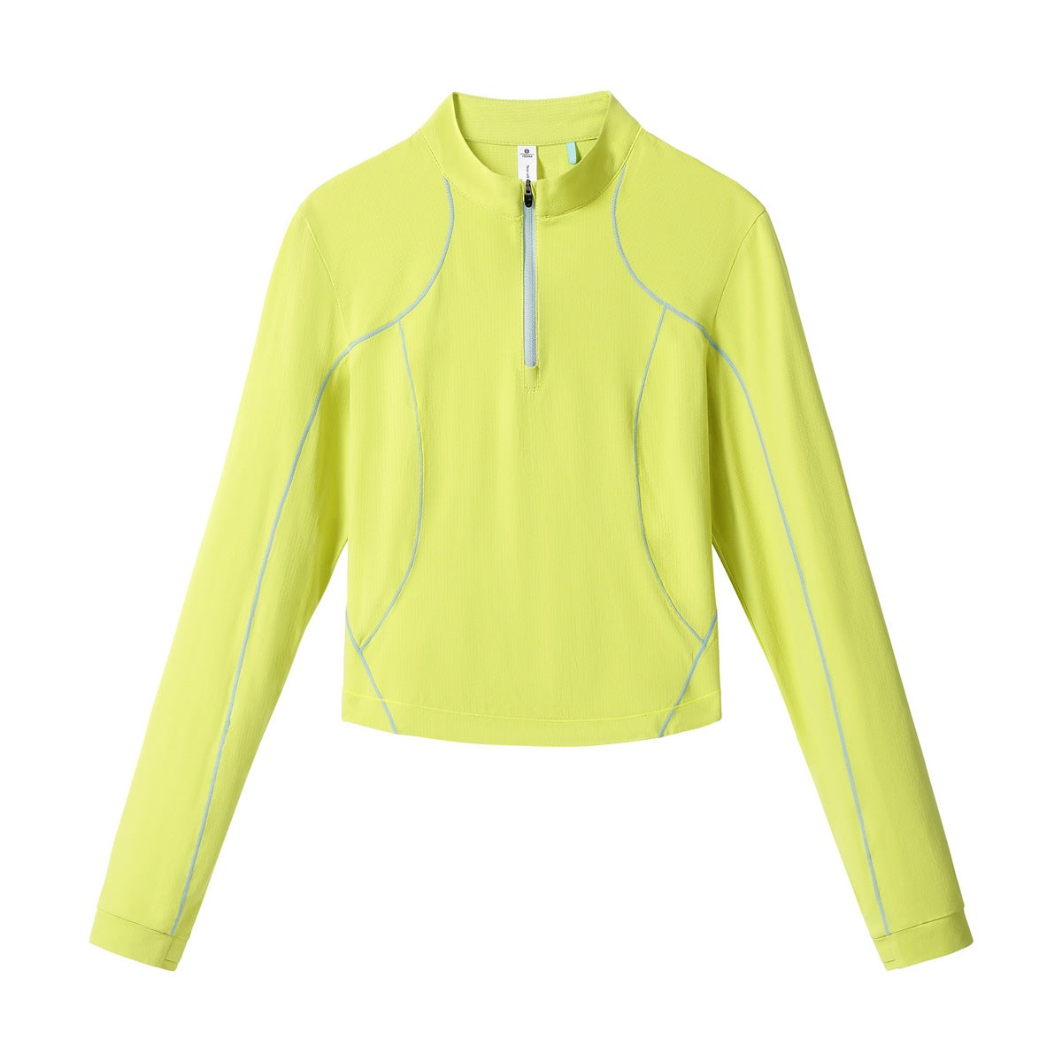 Bright lime yellow-green cropped half-zip long-sleeve top with light blue contrast piping, flat lay