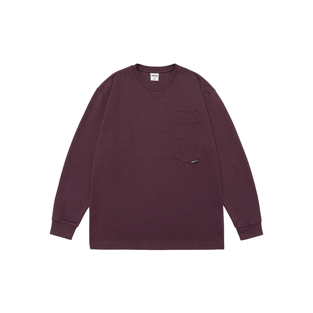 Dark purple long-sleeve crew-neck top flat lay with a layered chest pocket and ribbed cuffs
