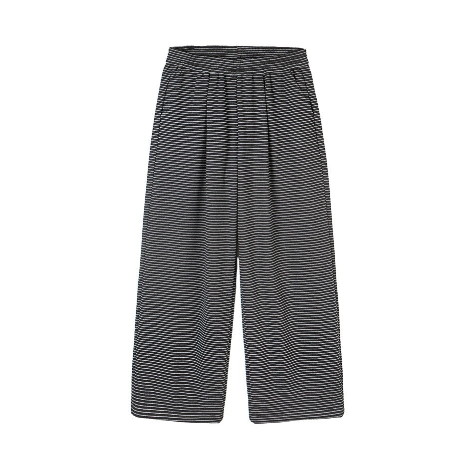 Gray striped wide-leg pants with elastic waistband, front pleats and side pockets, flat lay